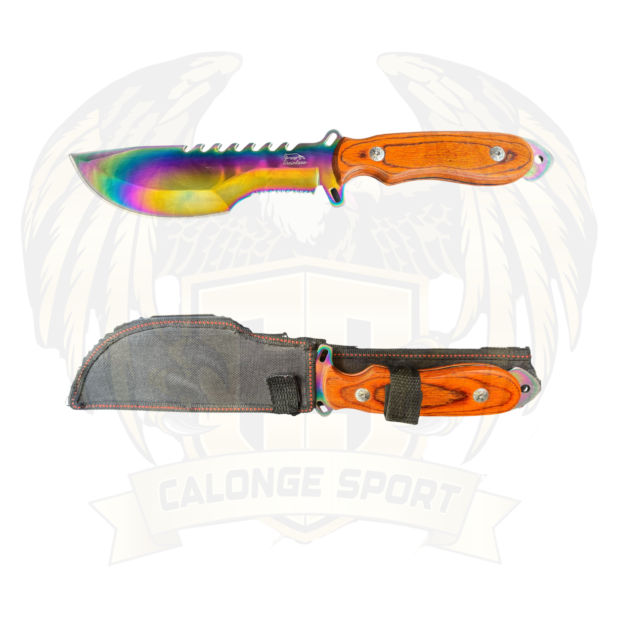 Cuchillo Táctico Rainbow – Hoja Curva y Mango de Madera