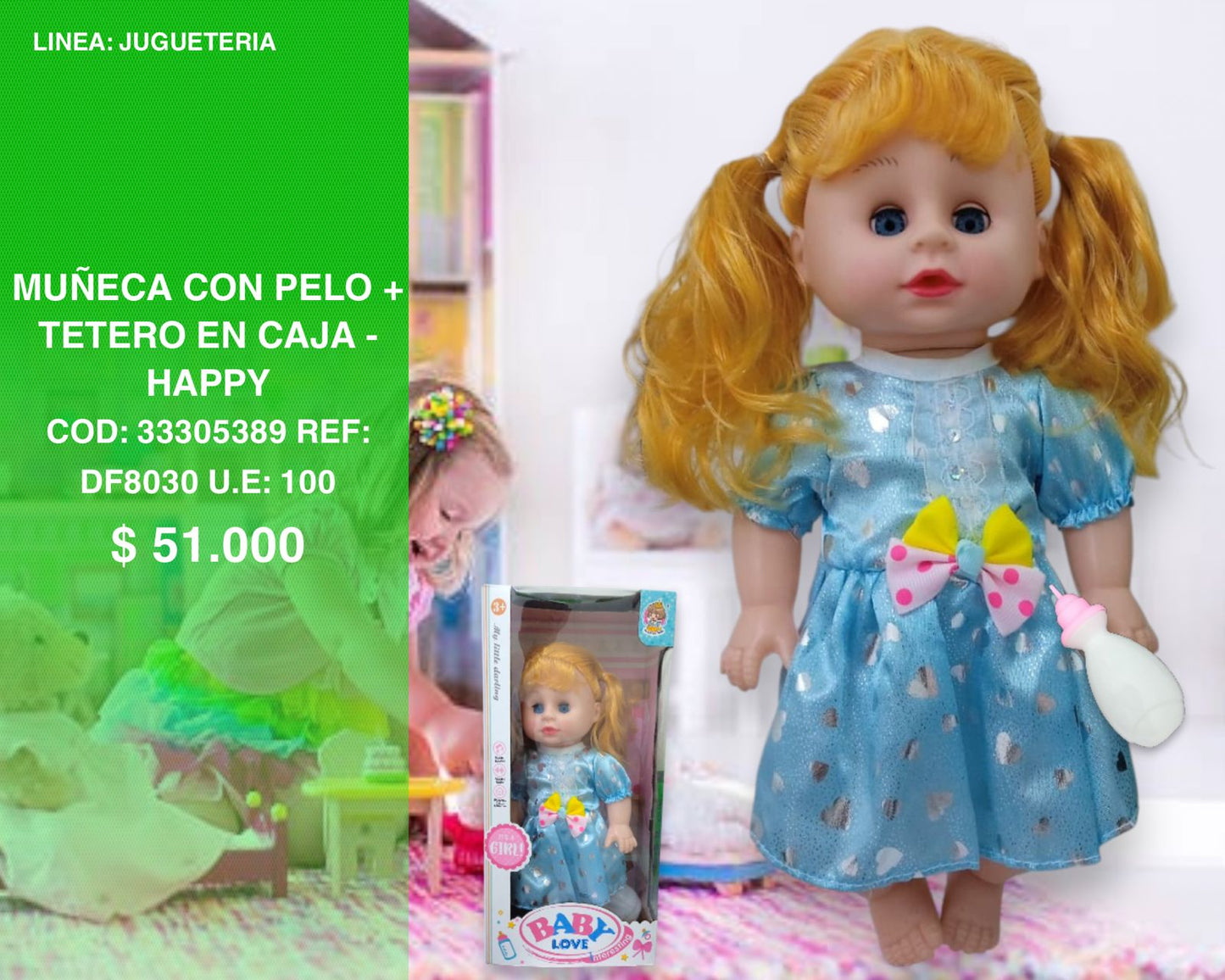 Muñeca con pelo + tetero en caja