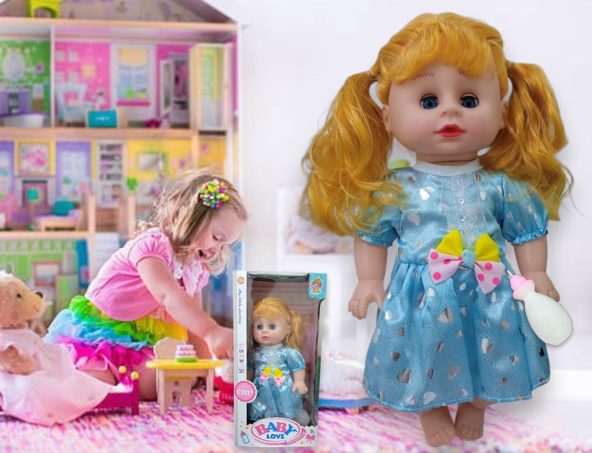 Muñeca con pelo + tetero en caja