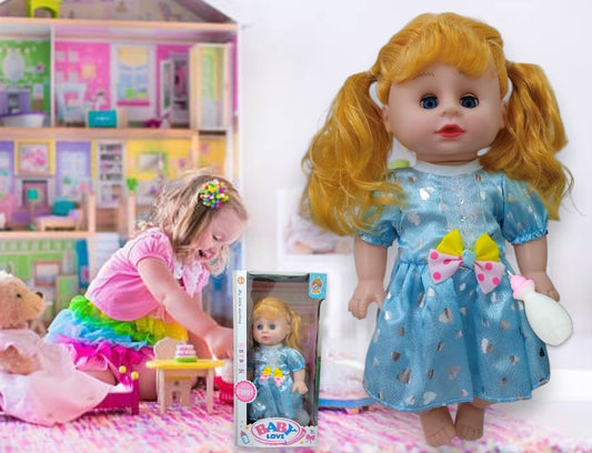 Muñeca con pelo + tetero en caja